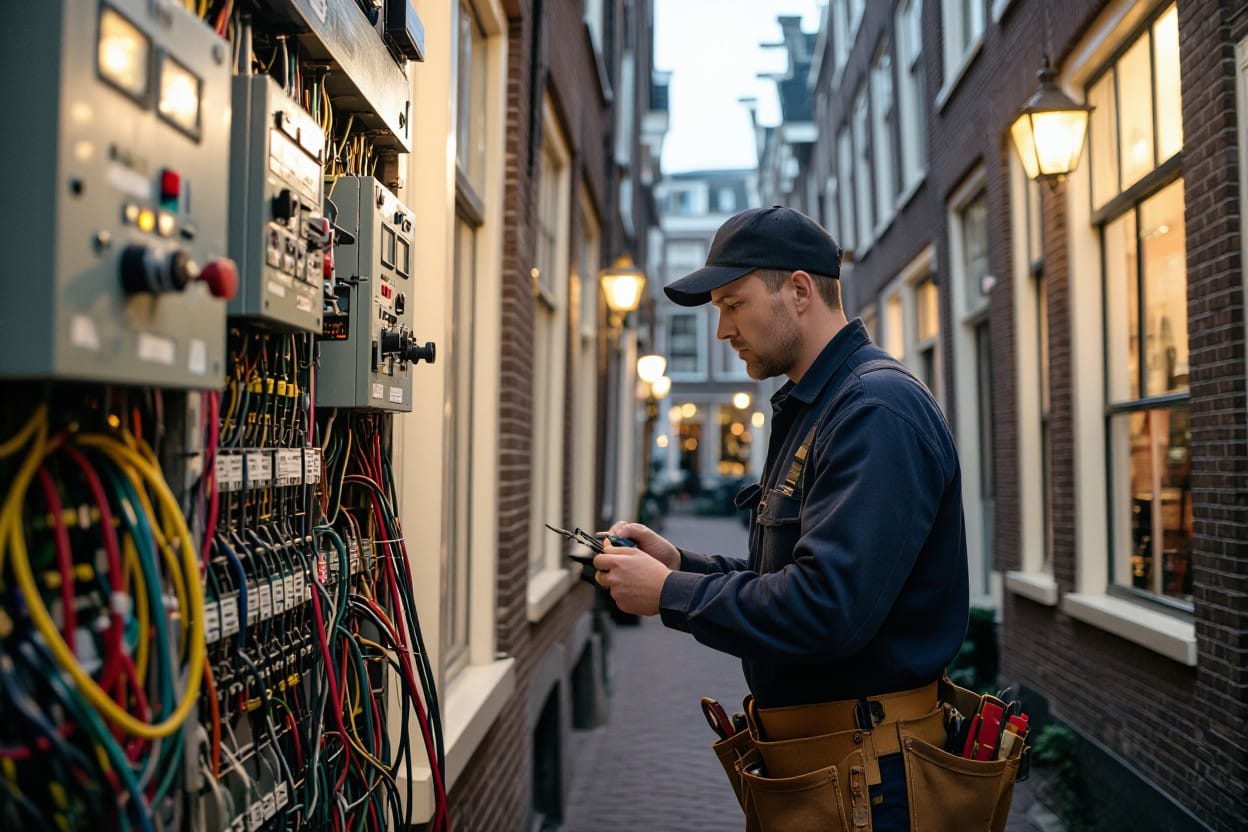 Elektricien Amsterdam Centrum van MDK Elektro bij een verdeelkast in de binnenstad